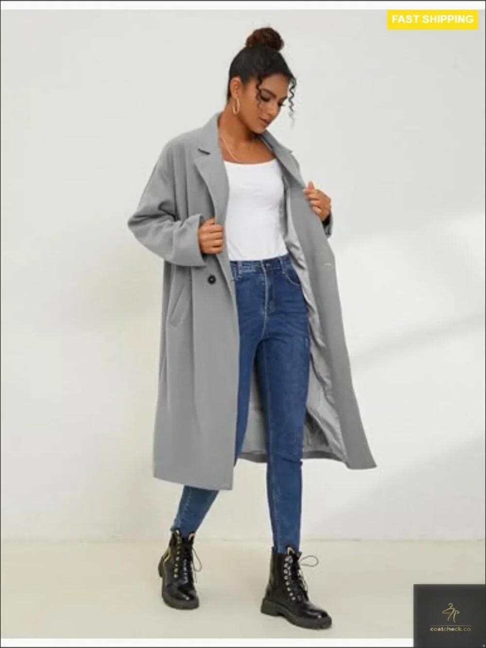 Oversized Wool Blend Double Breasted Long Trench Coat Winter Peacoat with